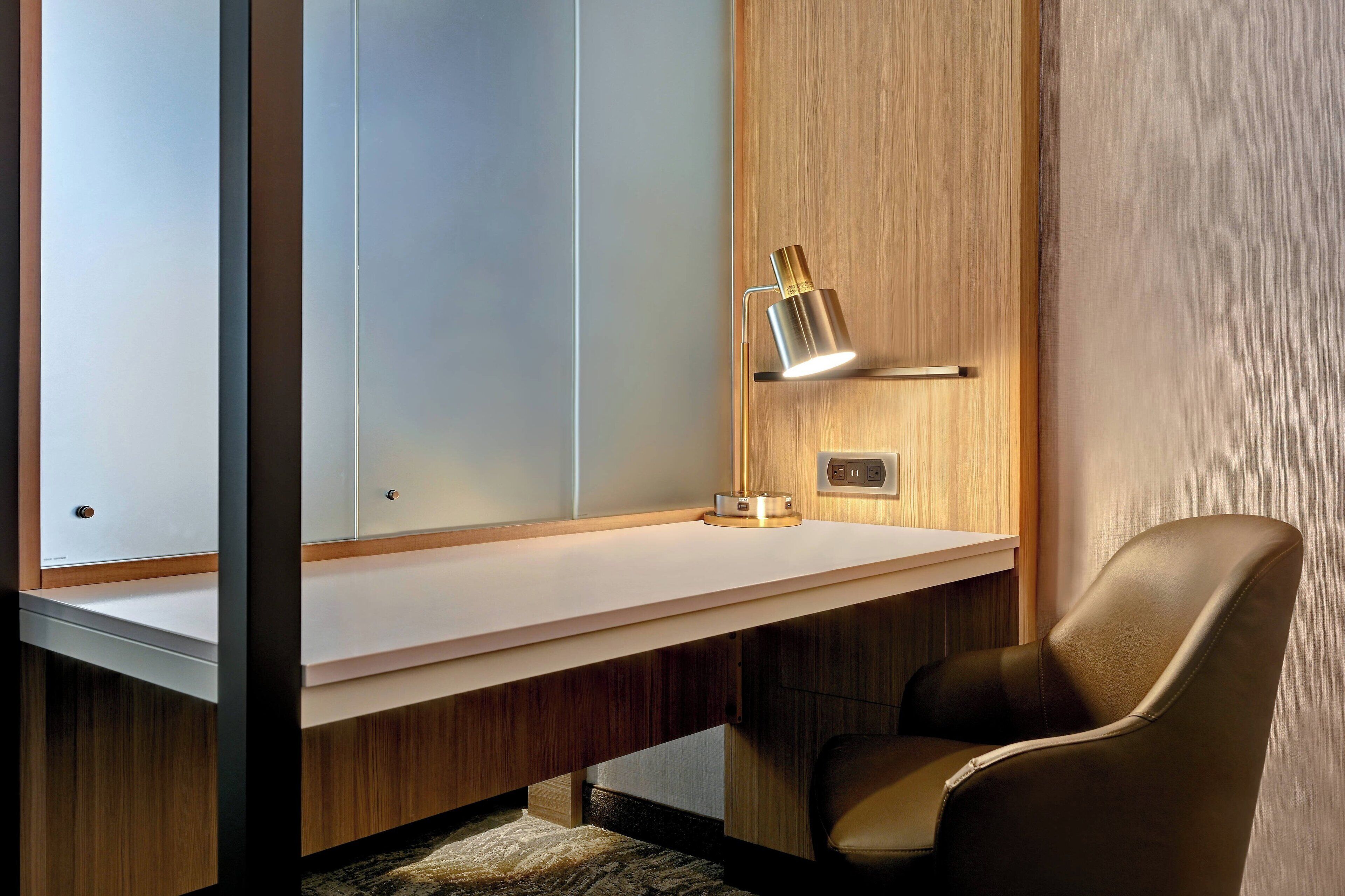 desk, laptop workspace, blackout curtains, iron/ironing board