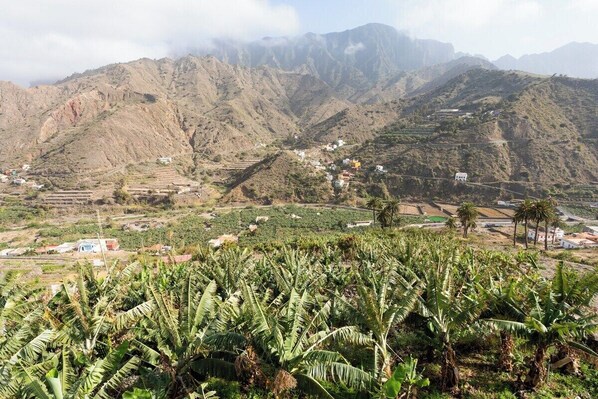 Paisaje montañoso con campos en terrazas y edificios dispersos.