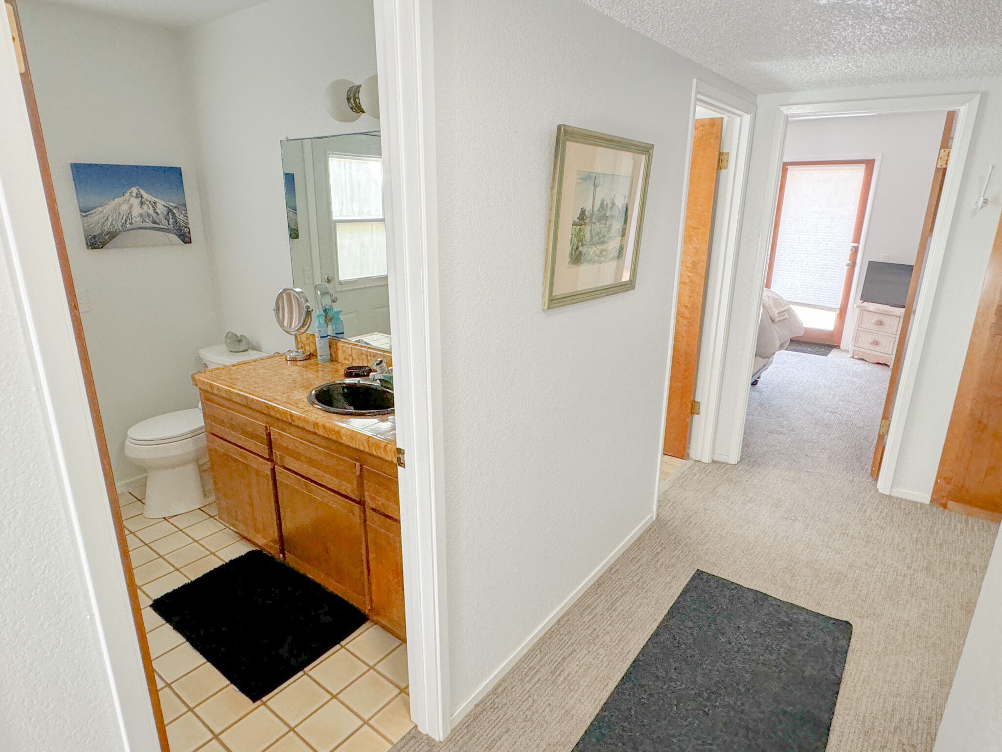 A bathroom with a toilet, sink, and mirror. There is a black rug on the floor and a painting on the wall.