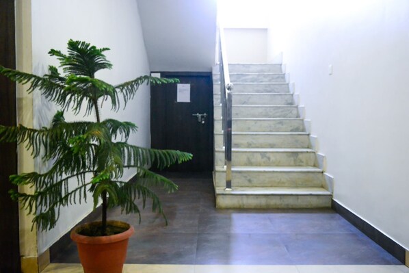 Eine Treppe mit einem Blumentopf auf der linken Seite.