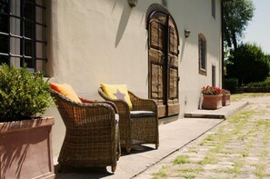 Une cour avec des chaises en osier et une plante en pot.