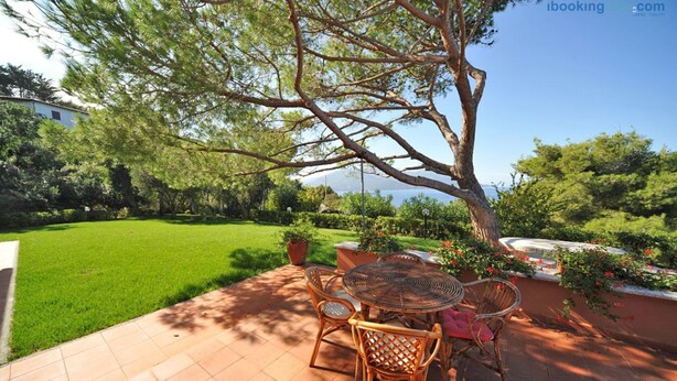 An outdoor patio with a round table and wicker chairs, surrounded by a well-maintained lawn and a large tree.