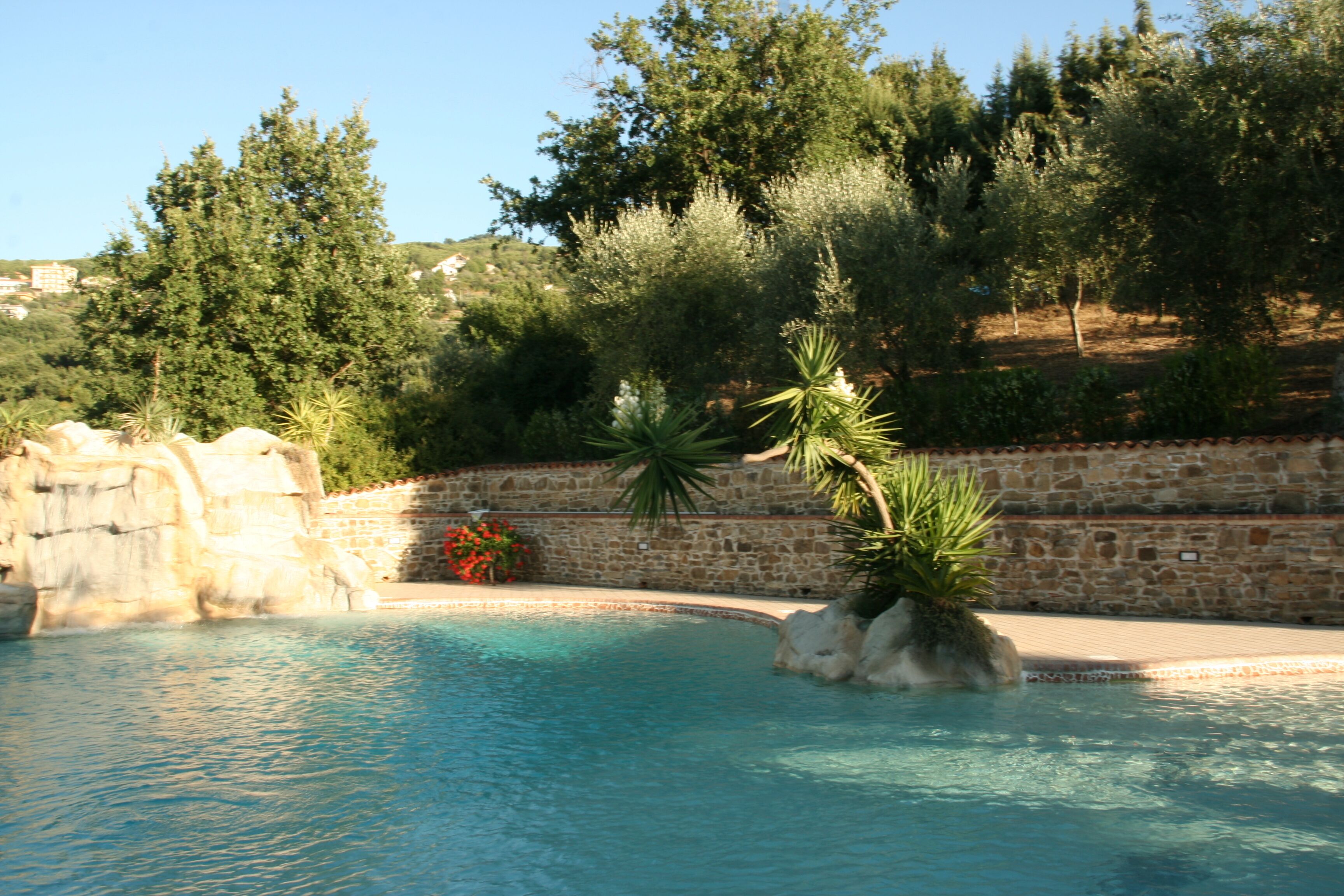 A swimming pool with clear water, surrounded by a stone wall and lush greenery.