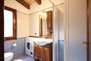 Shower, hair dryer, bidet, towels