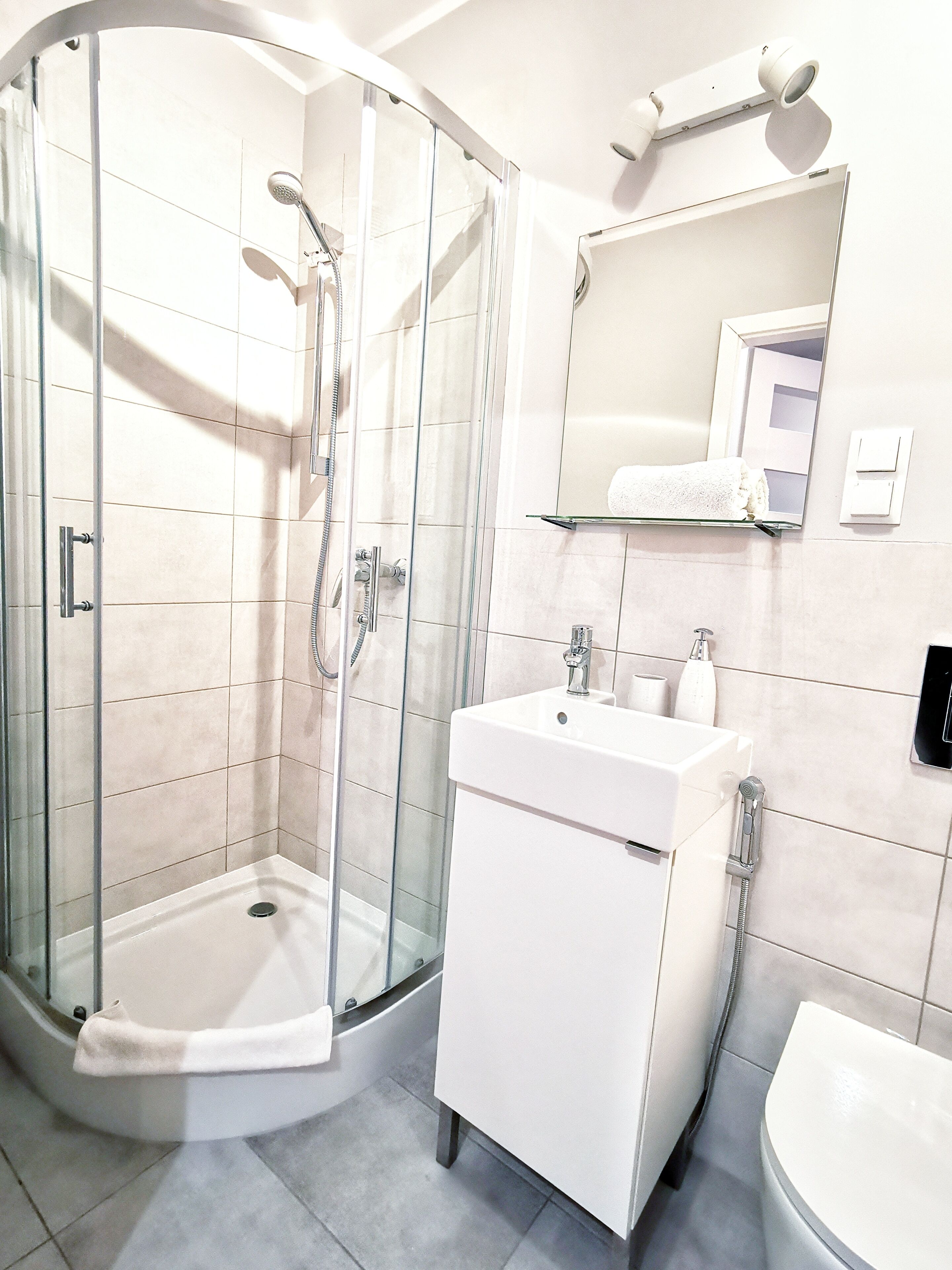 Une salle de bain moderne avec une douche à parois de verre, un lavabo blanc et un miroir au-dessus du lavabo.