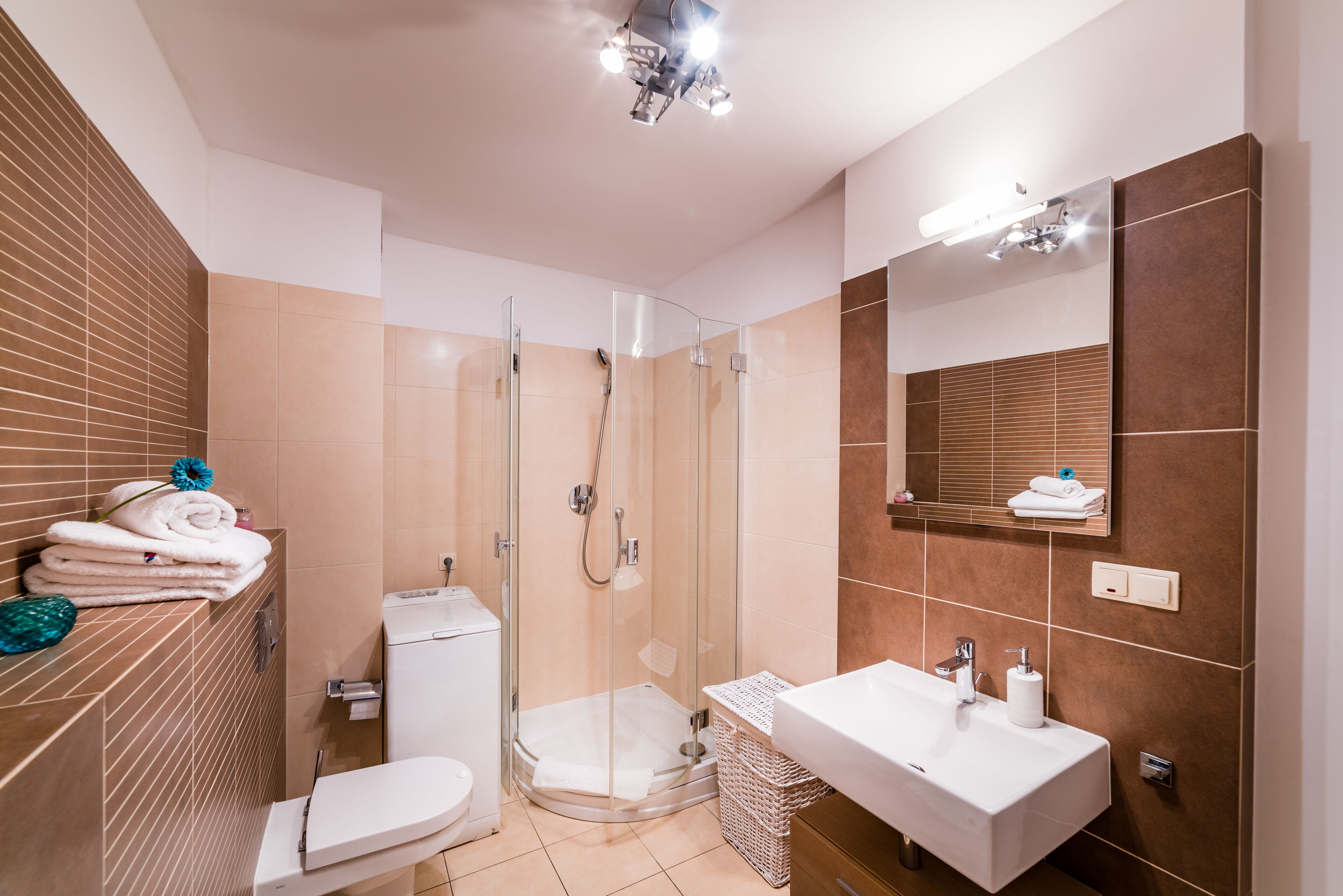 A modern bathroom with a glass-enclosed shower, a white sink, and a toilet.