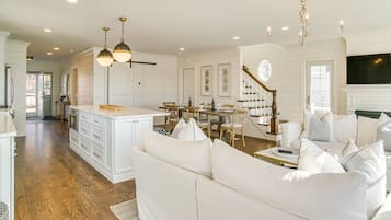 Smart TV, fireplace, video games, DVD player