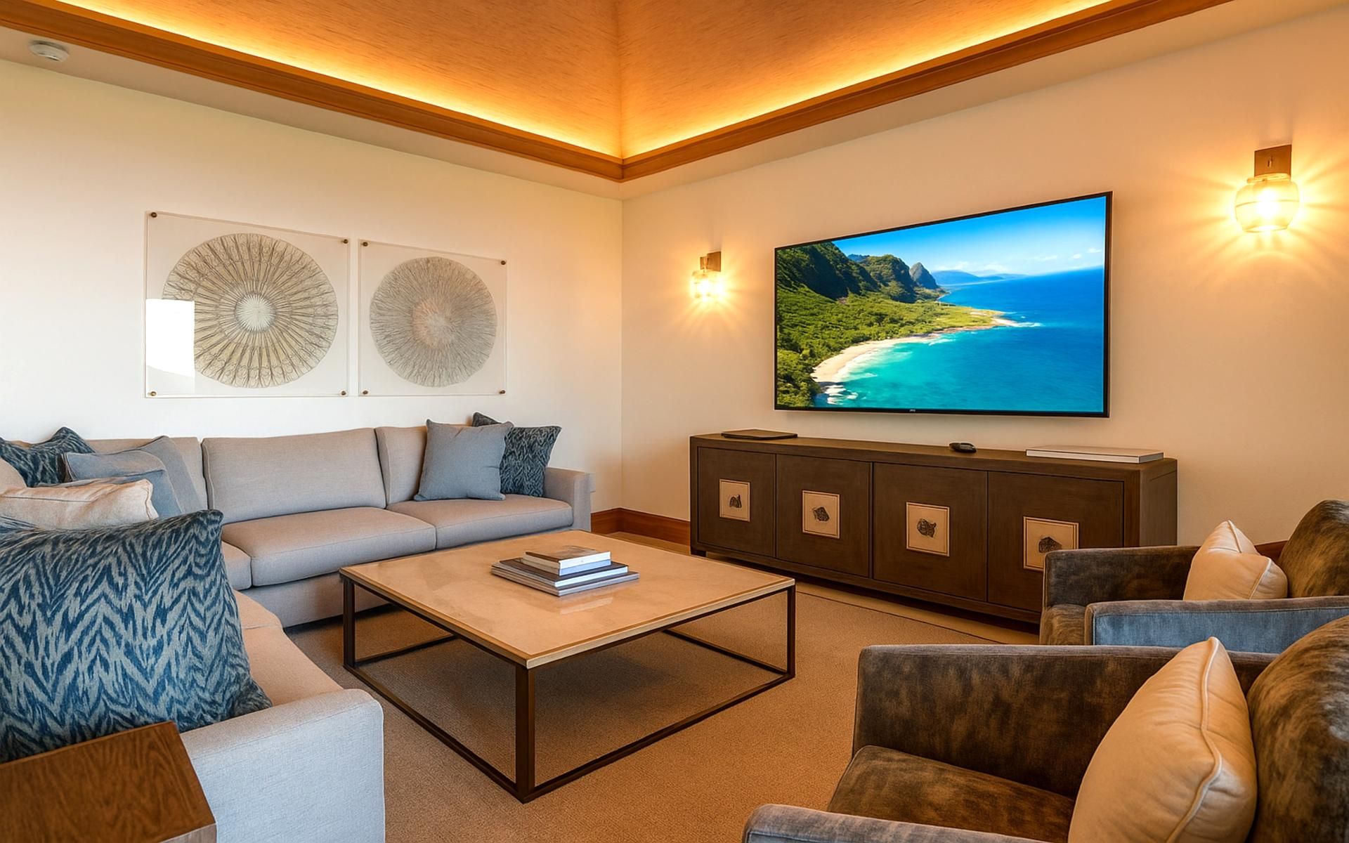 A living room with a sofa, armchairs, a coffee table, a TV, and wall art.