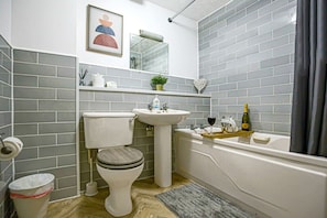 Combined shower/tub, free toiletries, hair dryer, towels