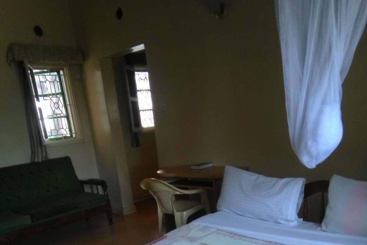 A hotel room with a bed, a green sofa, a desk, and a chair.