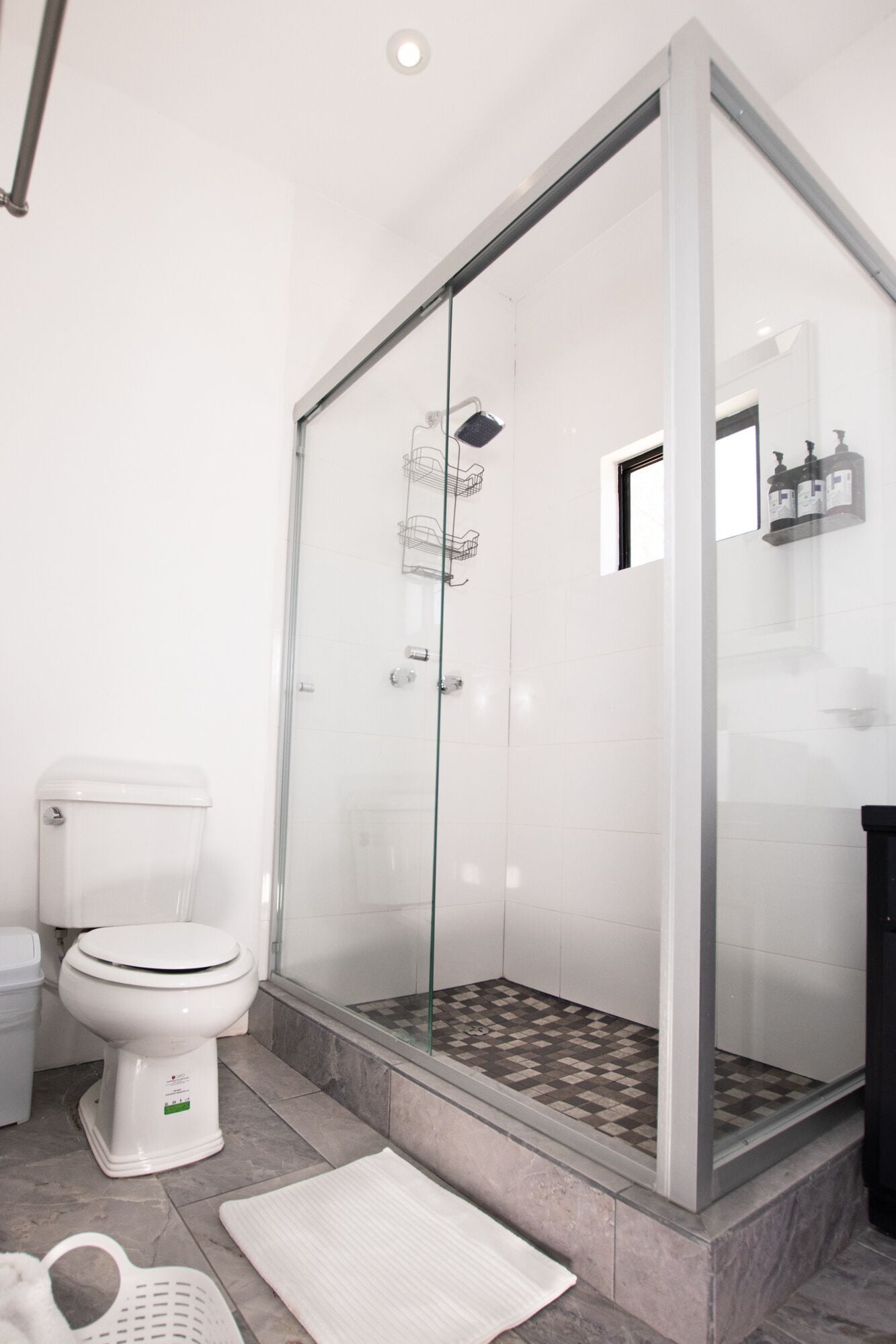 Un baño moderno con ducha envuelta en vidrio, inodoro y lavamanos.
