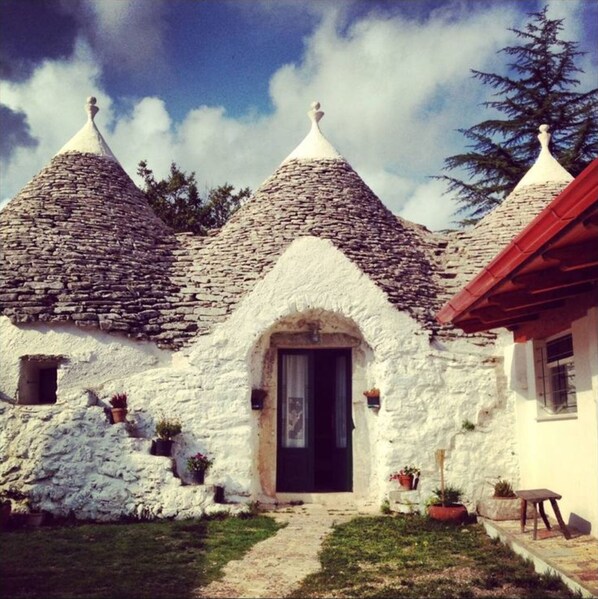 Traditional cottage with a conical roof, central entrance, and potted plants.