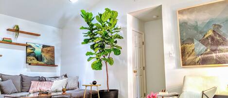 A modern living room with a sofa, coffee table, potted plant, and artwork on the walls.