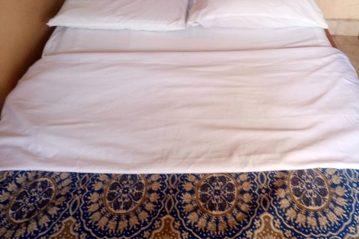 A bed with a headboard, white bedding, and a patterned rug.