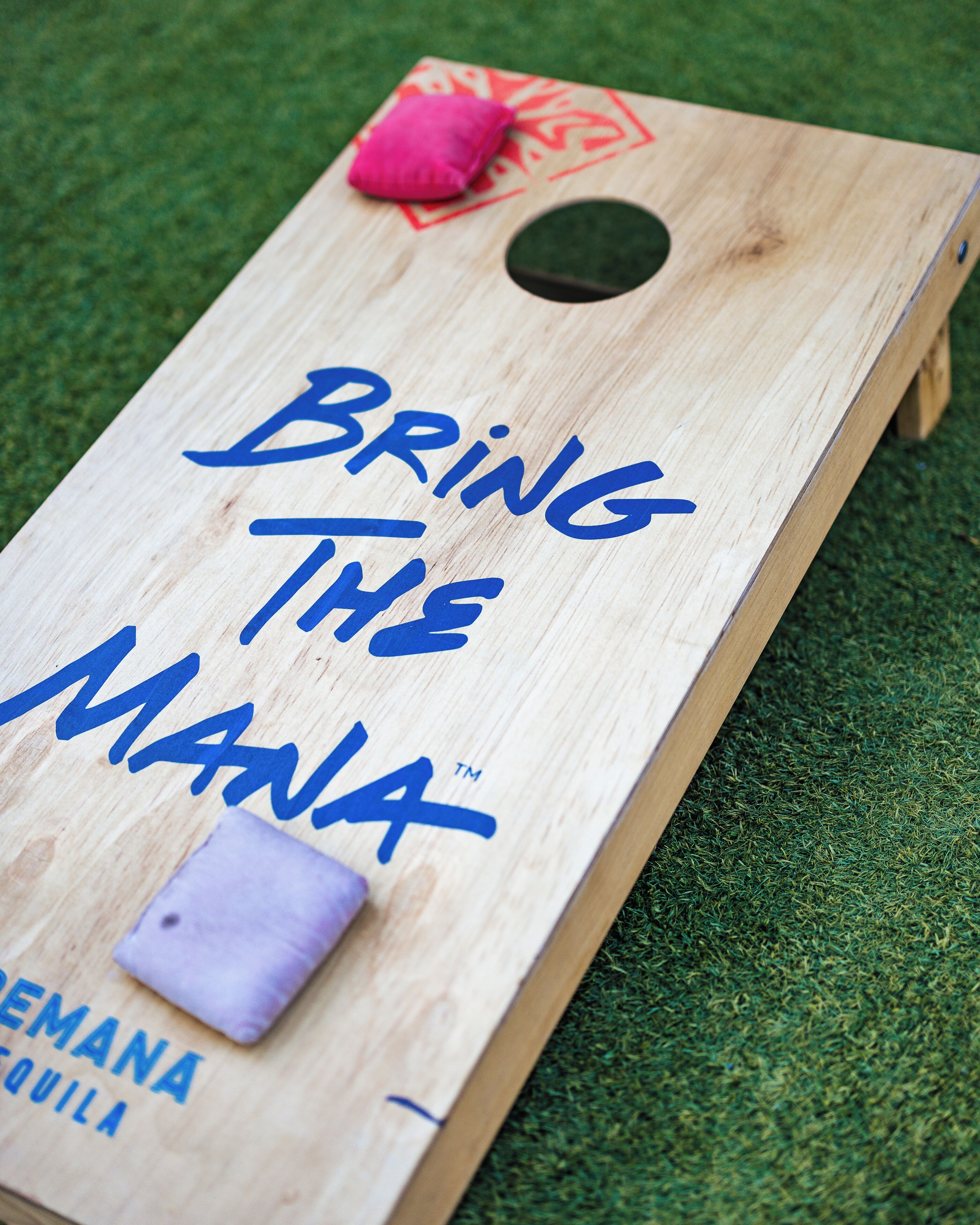 A wooden board with the text "Bring The Mania" and a small purple object on it.