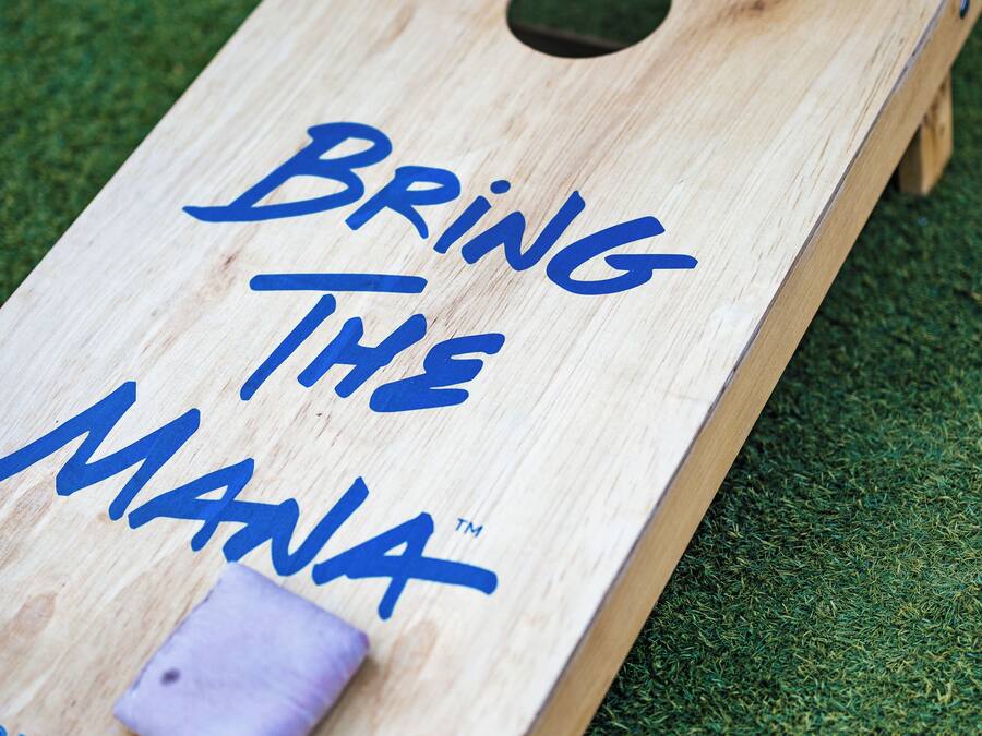 A wooden board with the text "Bring The Mania" and a small purple object on it.