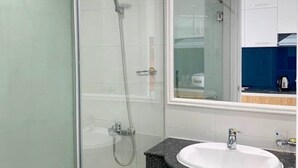 Een moderne badkamer met een douchecabine van glas, een wastafel met granieten blad en een grote spiegel.