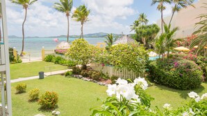 A lush garden with palm trees, a thatched-roof structure, and a view of the ocean. - "ISLAND DREAMS" Spectacular Views, Pool, Beach, AC, Internet, 2 BR 2 Bath (Christiansted,)