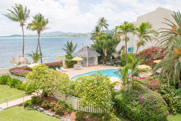 A poolside area with a gazebo, palm trees, and a view of the sea.