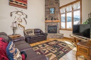 Télévision, cheminée, lecteur de DVD, livres