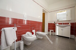 Regadera, secadora de cabello, bidet, toallas