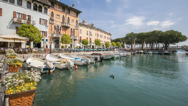 A waterfront area with boats docked along the water, buildings with balconies, and trees lining the street.
