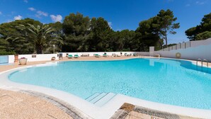 Ein klarer, blauer Pool mit Liegestühlen und einer Palme.
