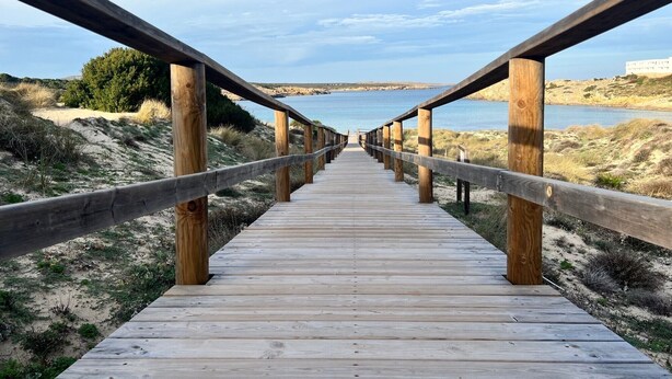 Ein Holzsteg führt zu einem Strand unter blauem Himmel.