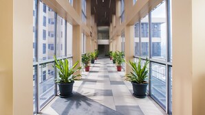 A corridor with potted plants, large windows, and a view of buildings.