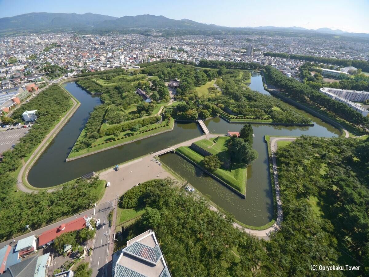 An aerial view of a city with a river, green spaces, and a tower.