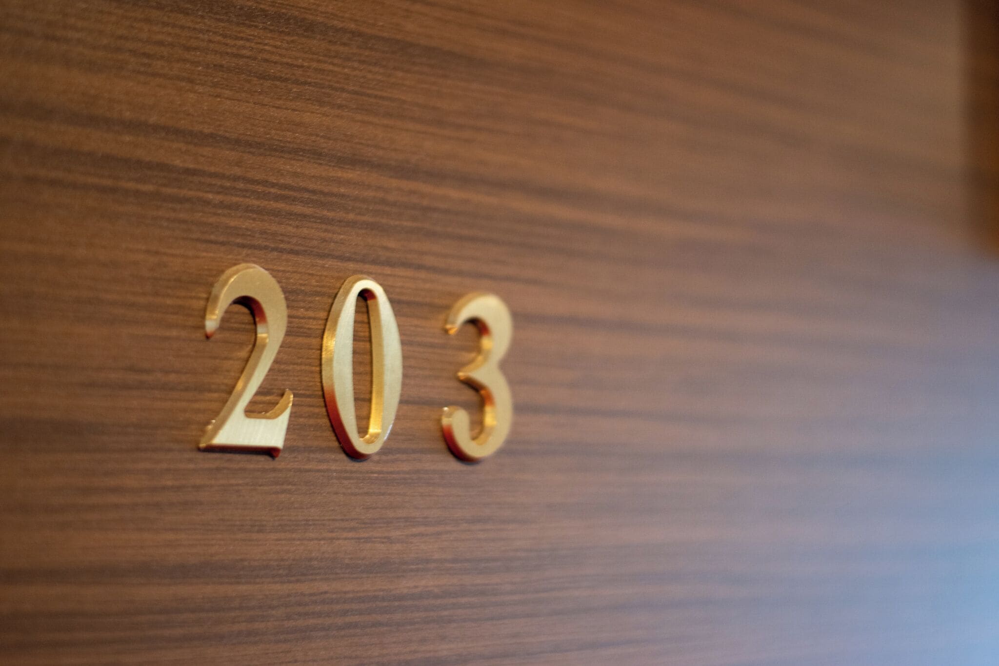 El número 203 sobre una superficie de madera.