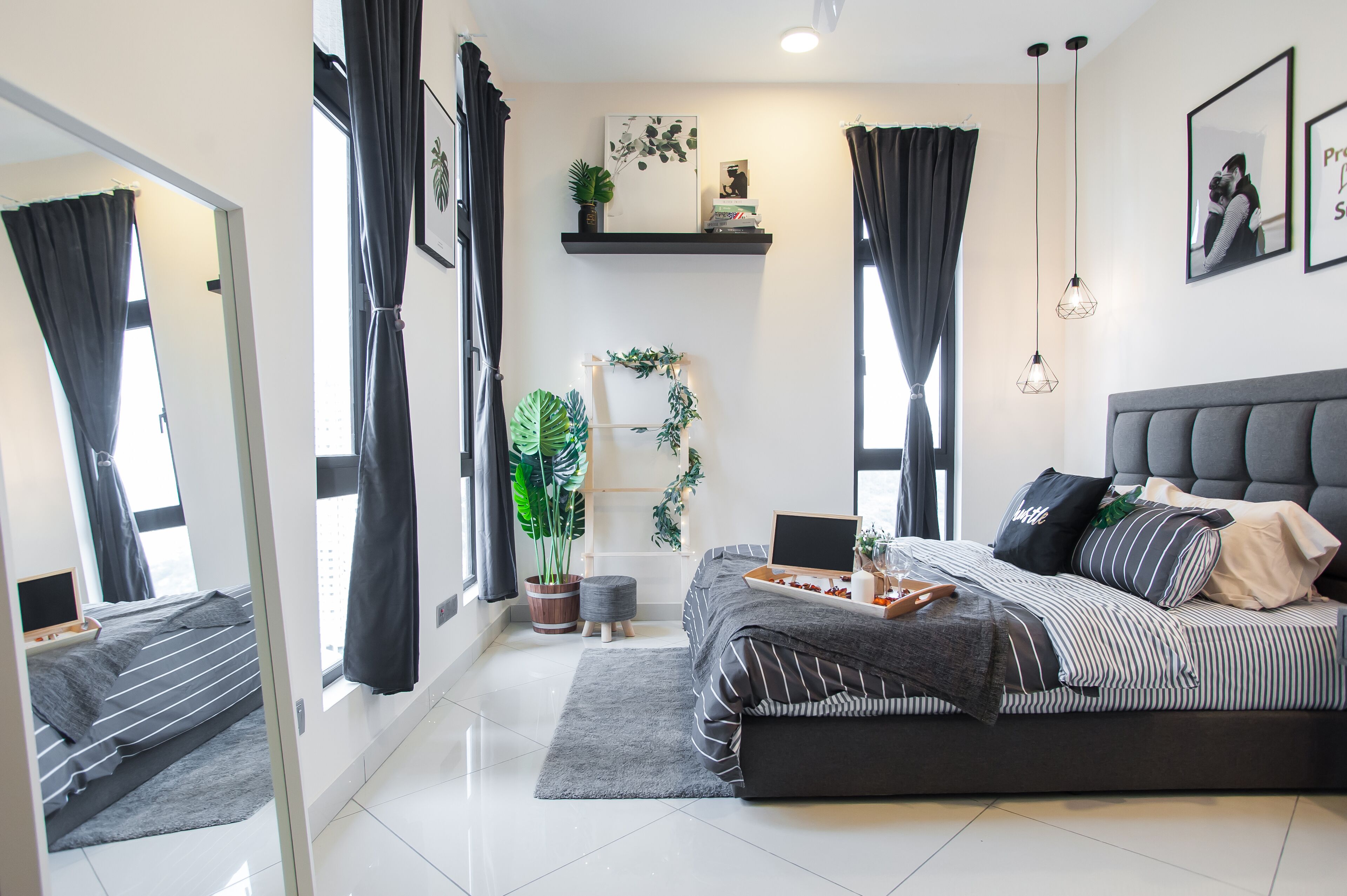 2 bedrooms, desk, laptop workspace, iron/ironing board