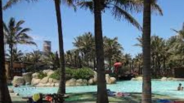 A resort pool area with palm trees, a clear blue sky, and a rocky landscape. - Chabanga Lodge (Ndola)