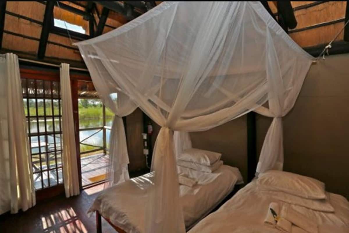 A room with a bed under a white canopy, a window with curtains, and a view of greenery outside.