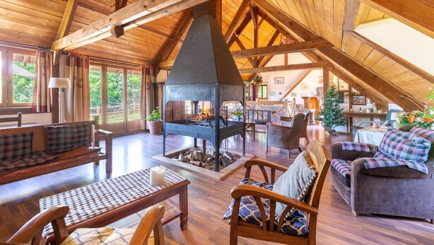 A spacious loft-style room with a high ceiling, wooden beams, a fireplace, and a cozy seating area with a sofa and chairs. - Quaint Holiday Home in Ferce (Ferce)