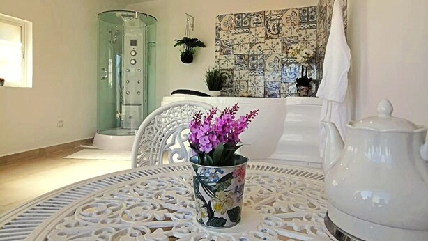 A bathroom with a glass shower enclosure, a white bathtub, and a decorative tile backsplash. - C. R. El Mirador de Acebo**** 4/10 pax, swimming pool, SPA, garden, N° TR-CC-00339 (Acebo-Càceres)