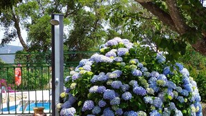 An outdoor seating area with a metal table and chairs, surrounded by a hedge of blue hydrangeas. - C. R. El Mirador de Acebo**** 4/10 pax, swimming pool, SPA, garden, N° TR-CC-00339 (Acebo-Càceres)