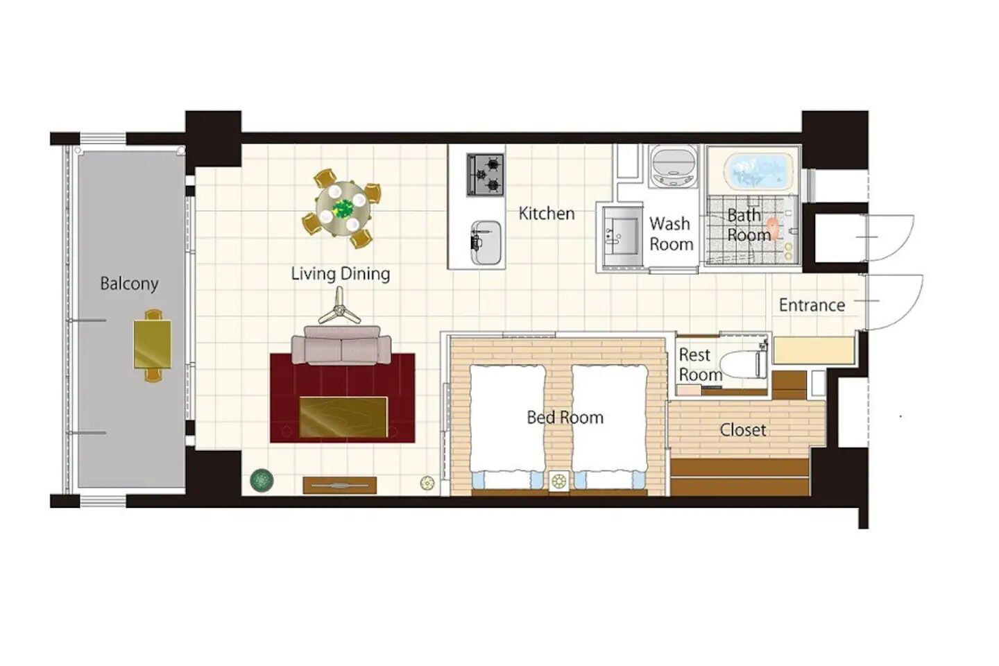 Pianta degli interni di un hotel con balcone, area living e pranzo, cucina, bagno di servizio, bagno, ingresso, ripostiglio e camera da letto.