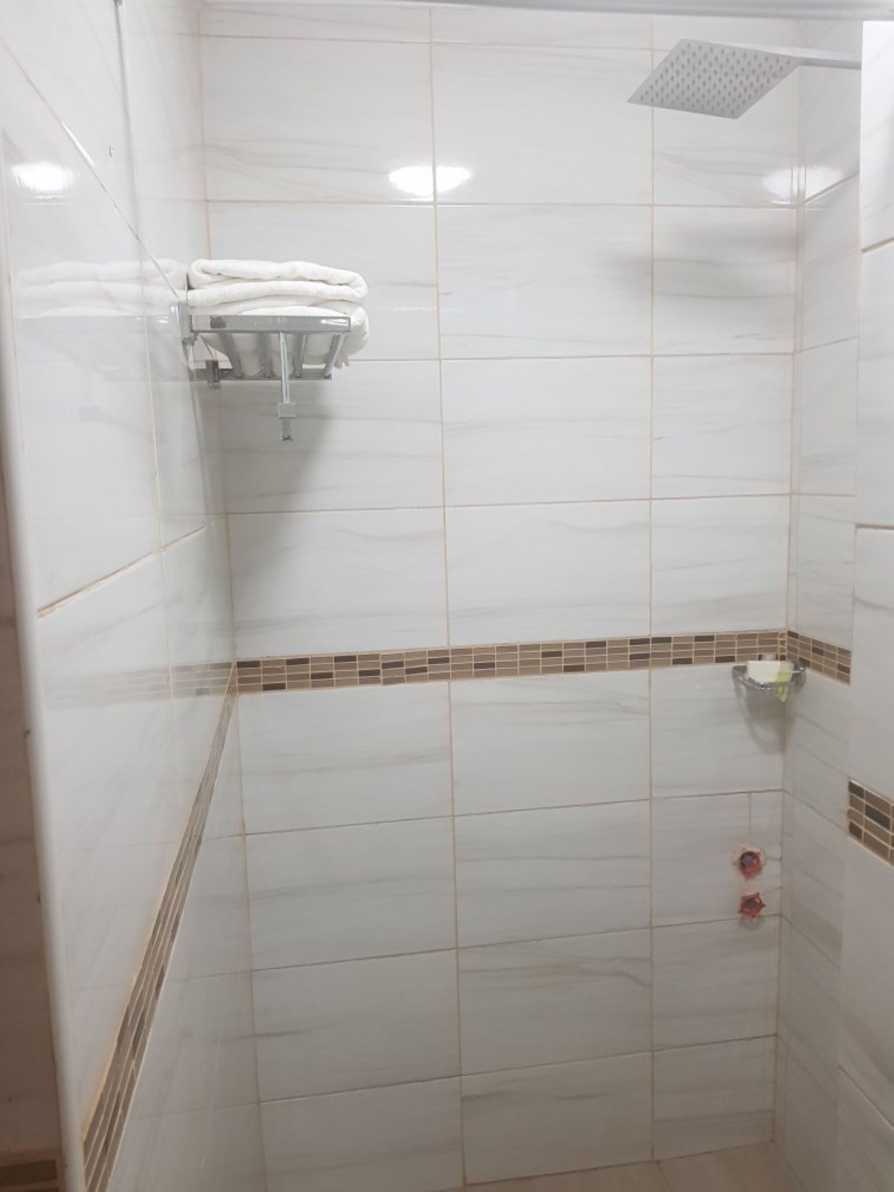 Un área de ducha con azulejos, un cabezal de ducha de mano, un perchero y un estante pequeño.