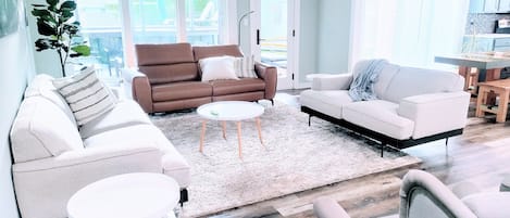 Smart TV, fireplace, video game console, Hulu