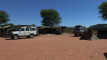 A campsite with tents, a white SUV, and a truck.