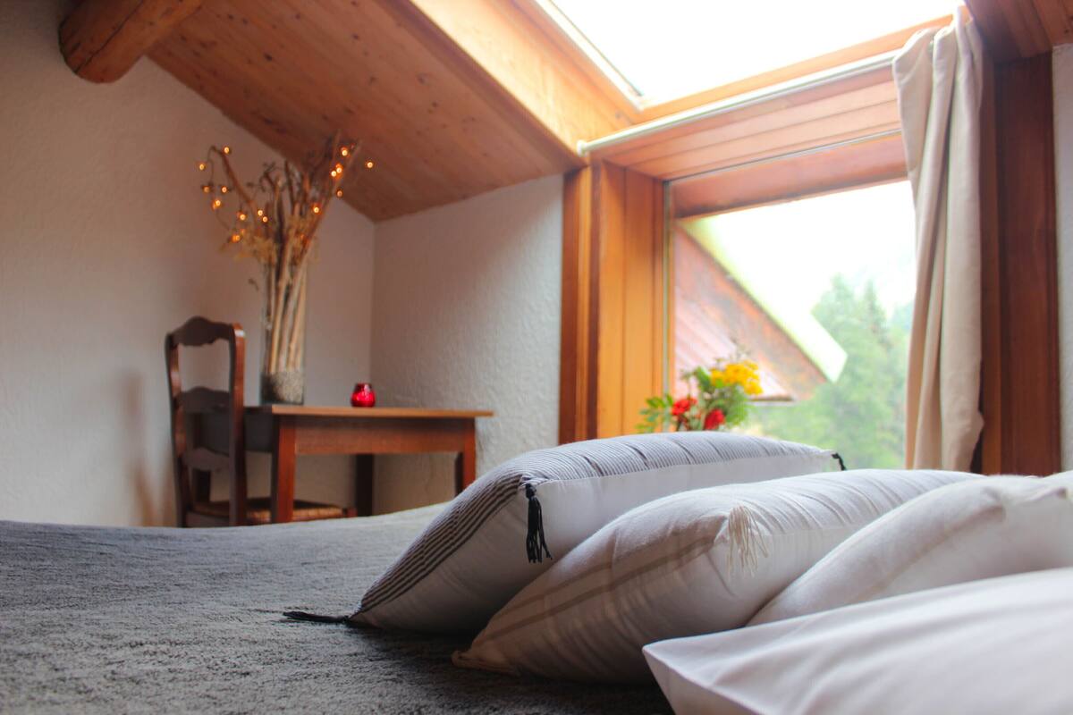 Ein Schlafzimmer mit Dachfenster, einem Holztisch mit einer Vase und Blick auf Grünfläche außerhalb.