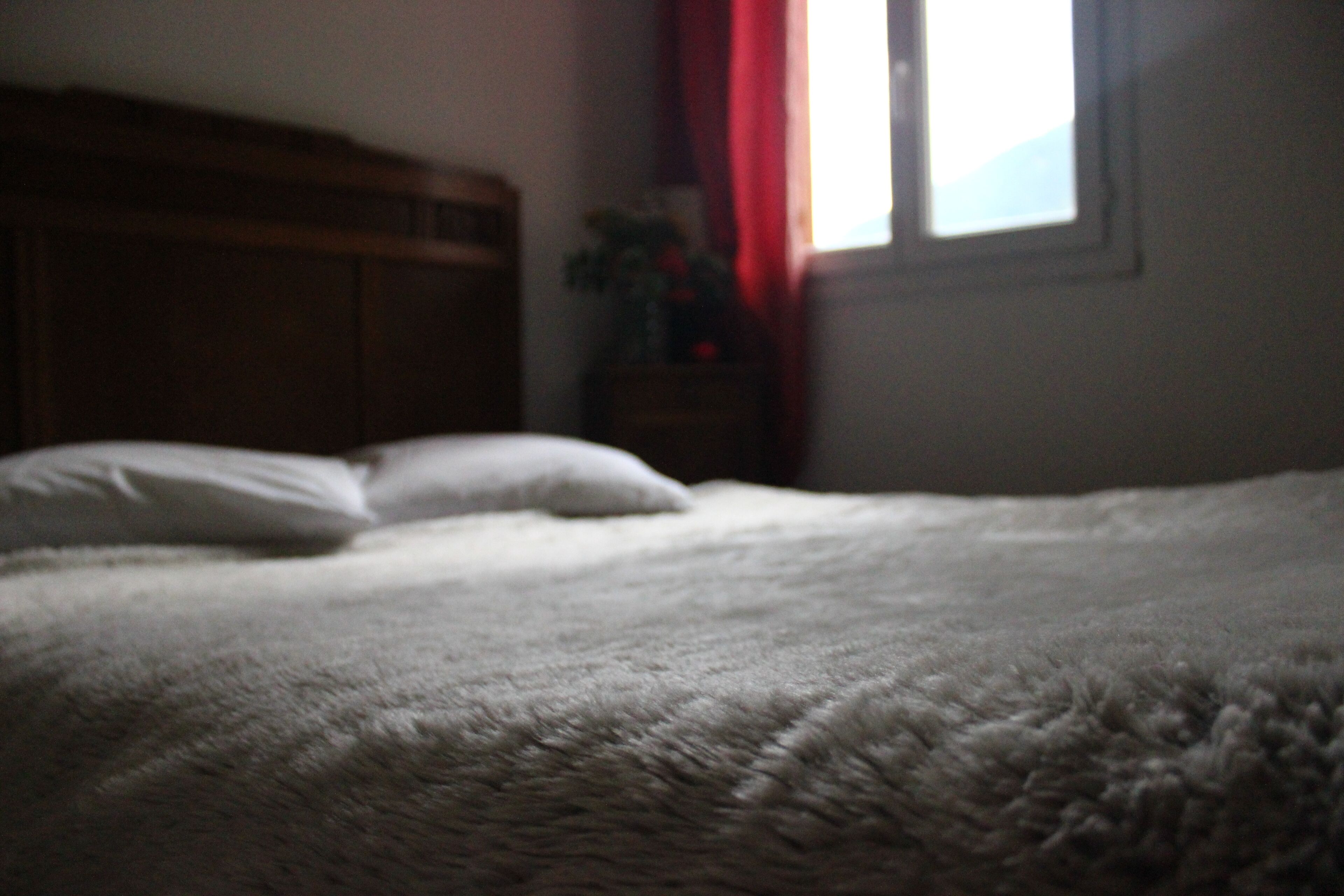 Una cama con una colcha blanca en una habitación con poca luz.