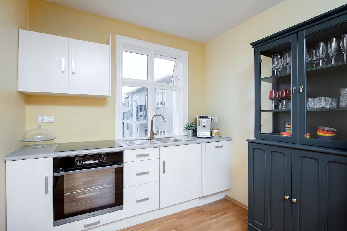 Apartment, 1 Bedroom (First floor) | Private kitchen | Coffee/tea maker, full-size fridge, microwave, oven