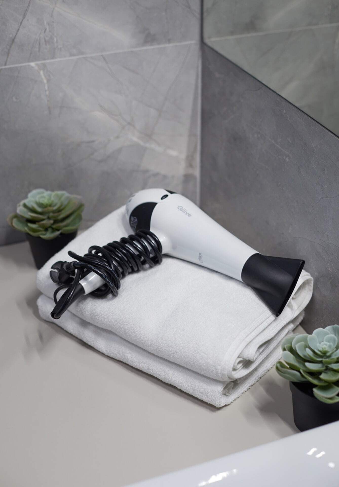 Un sèche-cheveux blanc, portable, doté d’un embout et d’un cordon noirs, est posé sur une serviette blanche dans une salle de bain aux carreaux gris, où se trouvent également deux plantes en pot.