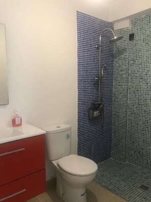 Shower, towels, soap, toilet paper