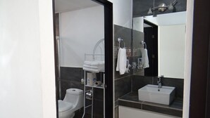 A modern bathroom with a toilet, sink, and mirror.