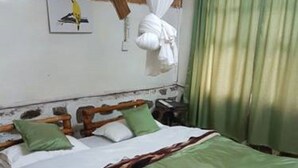 Ein hölzernes Bett mit grüner Bettwäsche, einem weißen Kissen und einem weiteren grünen Kissen an einem Holz-Kopfteil.
