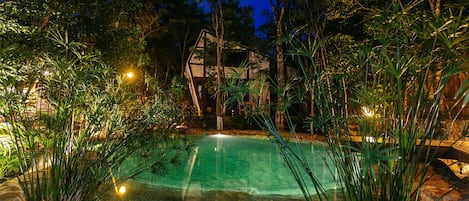 Una piscina rodeada de plantas y árboles tropicales, con una casa al fondo.