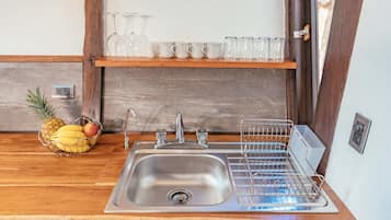 Full-sized fridge, stovetop, coffee/tea maker, toaster